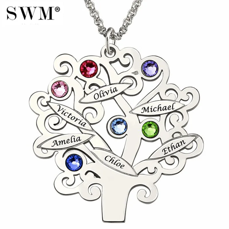 Sterling Silver 925 Ожерелье с именем на заказ, семейное древо жизни, ожерелья с буквой камень по дню рождения, ювелирные изделия, серебро 925, цепочка, винтажный подарок для бабушек и мам - Окраска металла: Sterling Silver 925