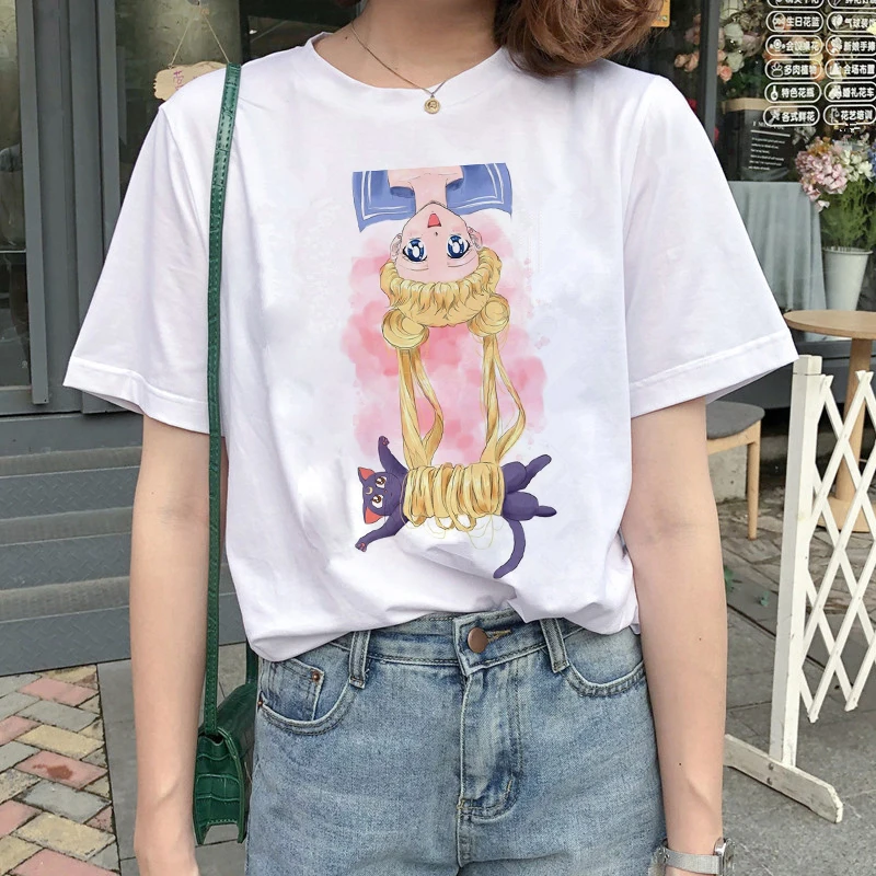 Kawaii Сейлор Мун футболка Женская Harajuku Ullzang мультяшная футболка 90s Милая футболка с принтом гранж корейский стиль футболки женские