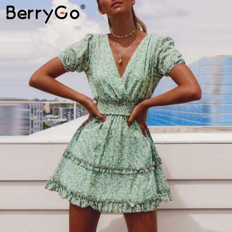 BerryGo богемное Хлопковое платье с цветочным принтом женское зеленое рюшами и v