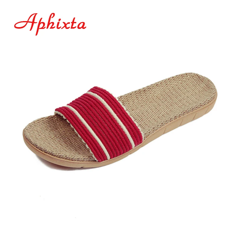 red stripe Aphixta/осенние домашние тапочки; льняная домашняя обувь для мужчин и женщин; обувь на плоской подошве для влюбленных; пеньковые впитывающие пот дышащие мягкие Тапочки - Цвет: red stripe