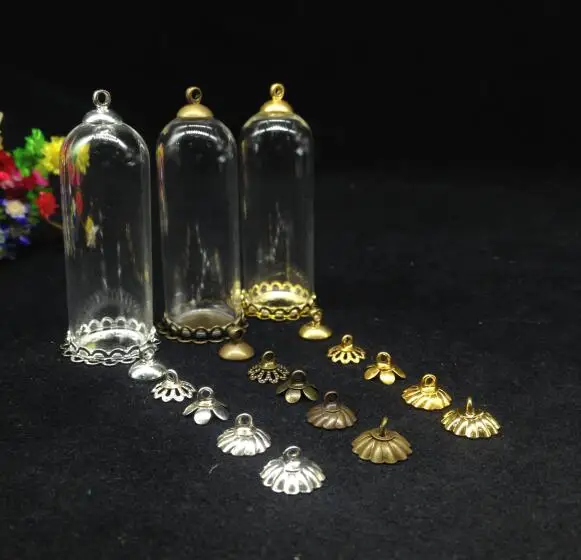 

500pcs 50*18mm clear bell jar tube shape glass vial pendant with double lace tray cap glass cover dome craft necklace gift decor