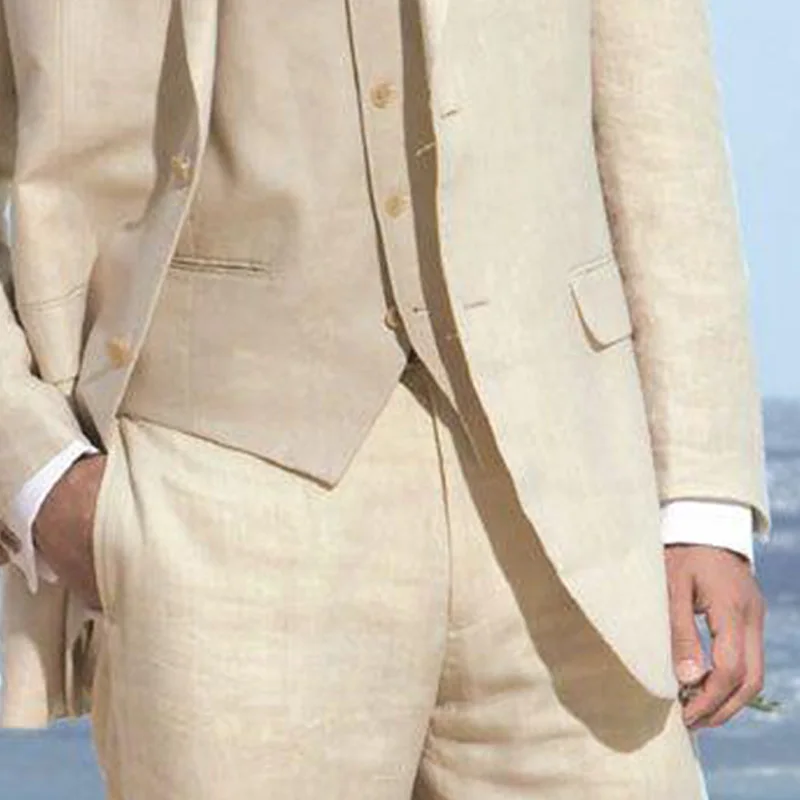 Льняные Свадебные смокинги цвета хаки для пляжного жениха одежда с отворотами 3