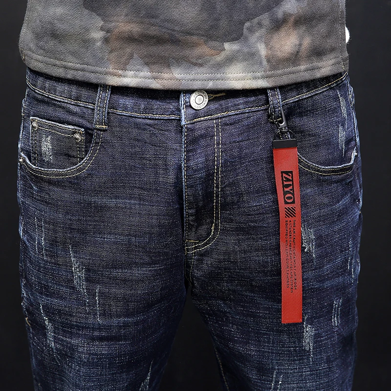 2018 весна корейский Штаны модные синие царапин стрейч джинсы мужчин Повседневное