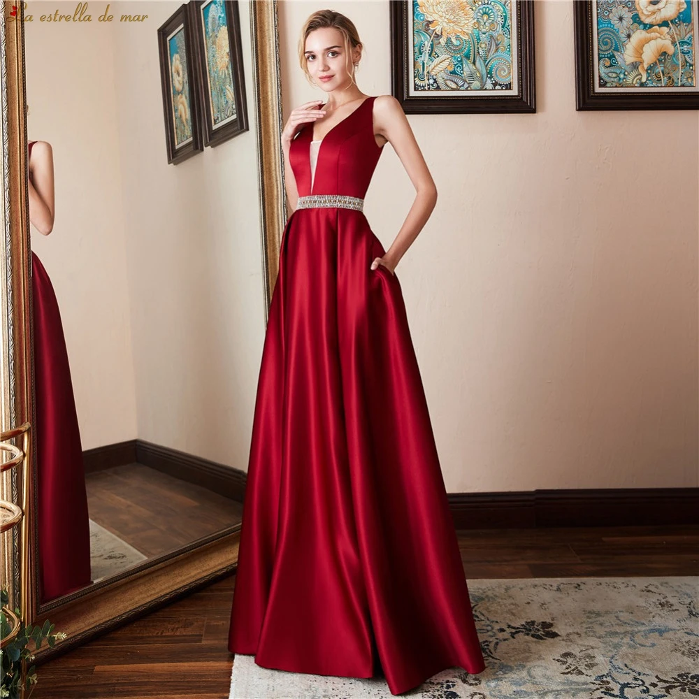 Vestido de madrinha de casamento longo новые сексуальные с v-образным вырезом атласные хрустальные пояса линия бордовые платья для подружки невесты Плюс Размер