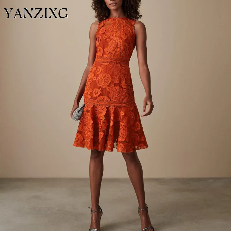 2019 Новое весеннее модное кружевное платье с круглым вырезом и рукавами высокой