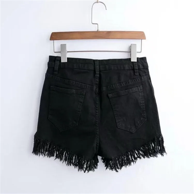 Anspretty одежда черные джинсы Шорты женщин бахромой кисточки низ стрейч джинсовые