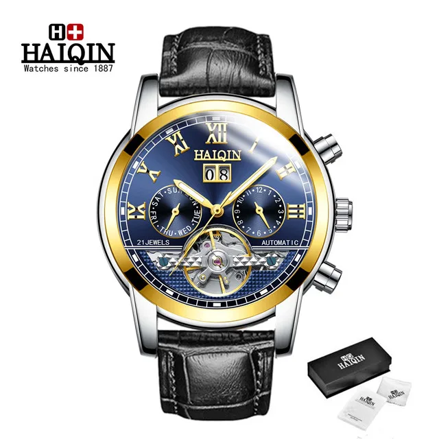 L-gold blue Автоматические механические мужские часы Топ бренд HAIQIN Роскошные мужские часы бизнес турбийон военные мужские наручные часы Reloj Hombres - Цвет: L-gold blue