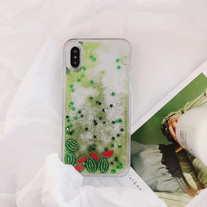 Блестящий чехол для iPhone с изображением дрейфа песка, зеленый арбуз, авокадо, кактус, блестки, поток во время движения, ТПУ чехол Slicone - Цвет: Watermelon