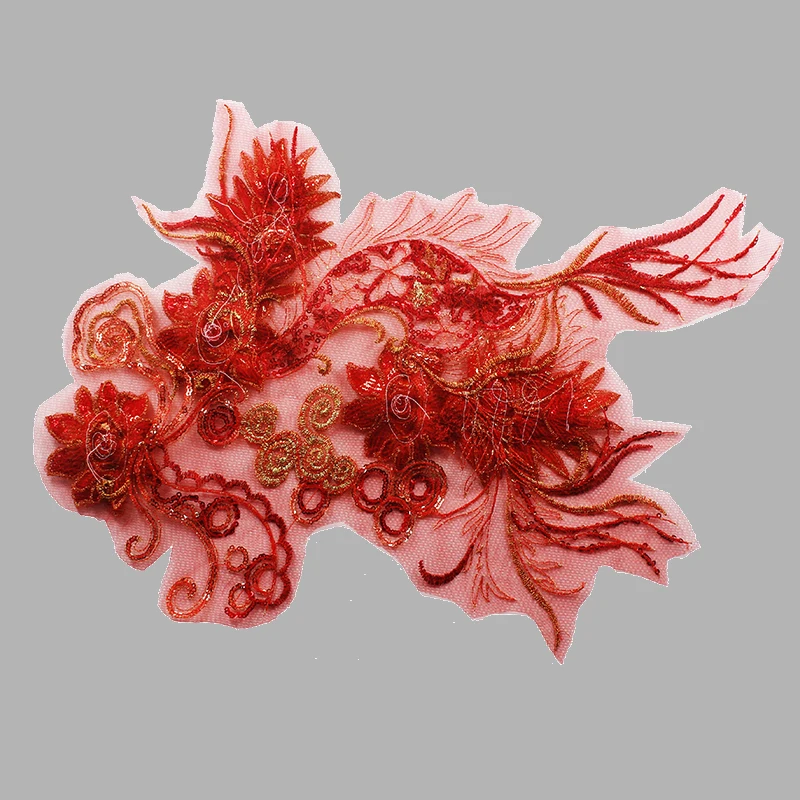 1 шт 3D вышивка бисером блесток цветок кружева аппликация красное золото Pacthes