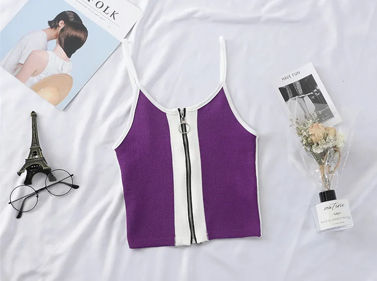 ALPHALMODA, новинка, сексуальный короткий Трикотажный жилет на молнии, женская блузка на подтяжках с высокой талией, модный вязаный Топ - Цвет: Фиолетовый