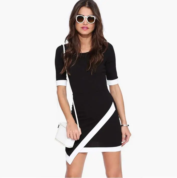 Womens Summer Dresses 2016 Fashion Irregular Black And White Patchwork Elegant Women Sexy Dress Vestido De Festa QQ880 | Женская одежда