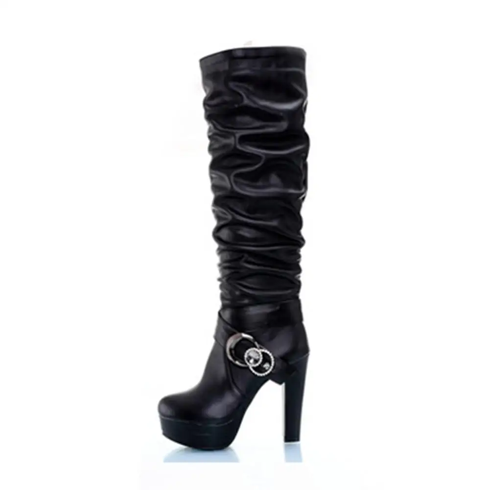 BONJOMARISA 2020 Winter Plus Size 31-45 Brand Crystal Black Women Knee High Boots Mature Pleated Platform Heels Shoes Woman | Обувь