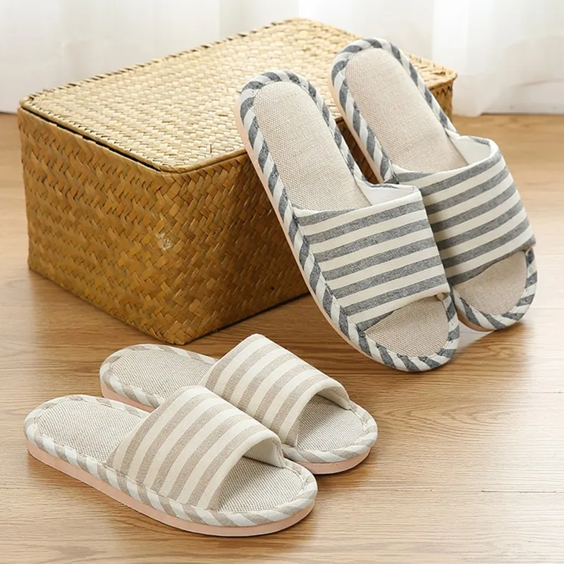 SMONSDLE 2019 spring summer autumn and winter seasons indoor linen slippers female non-slip couple horizontal stripes A154 | Обувь