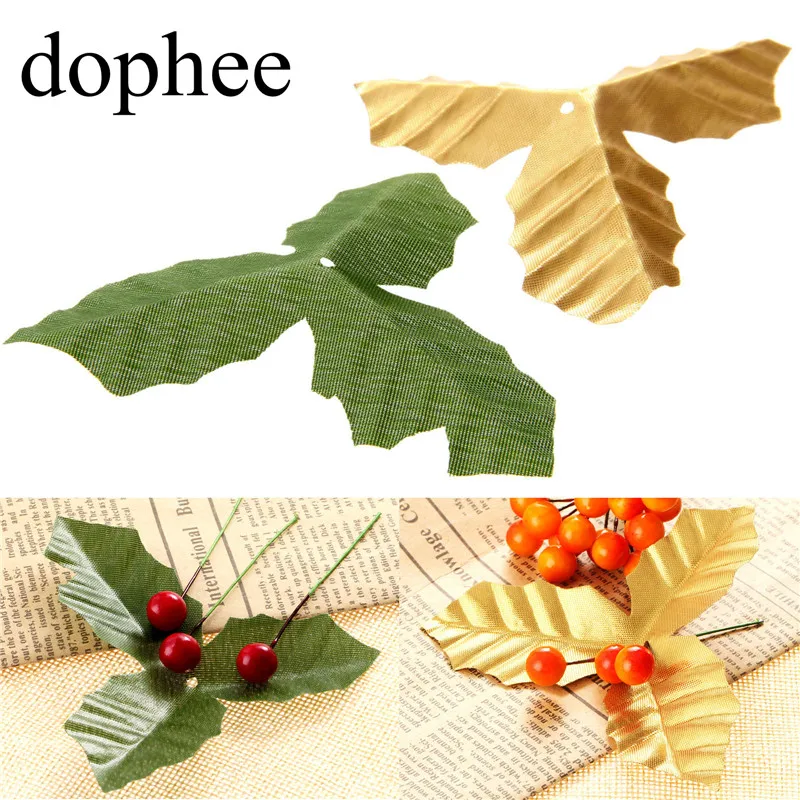 Dopee 50 шт. зеленый/Золотой Искусственный лист+ 50 шт. искусственные ягоды Холли для свадебной вечеринки украшения дома DIY Рождество