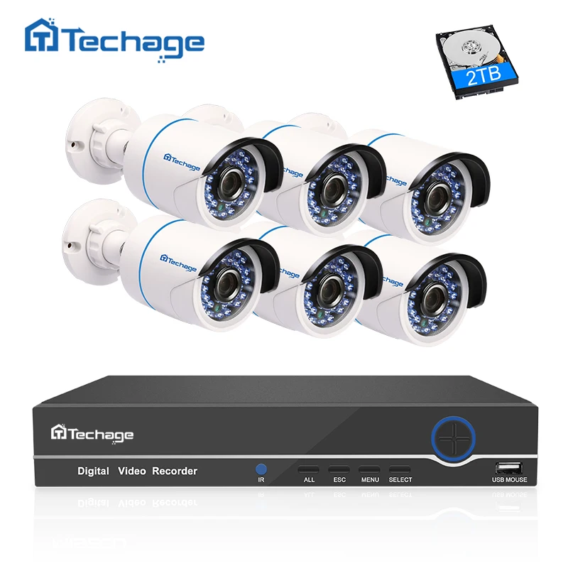 Techage 1080P HD CCTV камера системы 8CH POE NVR 2MP Крытый Открытый 6 шт. безопасности IP P2P товары