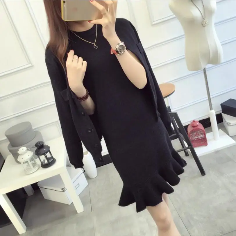 Осенне зимний вязаный комплект из двух предметов женское трикотажное платье +