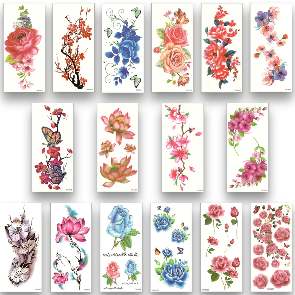 16Pcs/Set,Waterproof Temporary Fake Tattoo Stickers,Water Transfer,Colored Flowers Body Art for Women,Girl,Beautiful Sexy Makeup