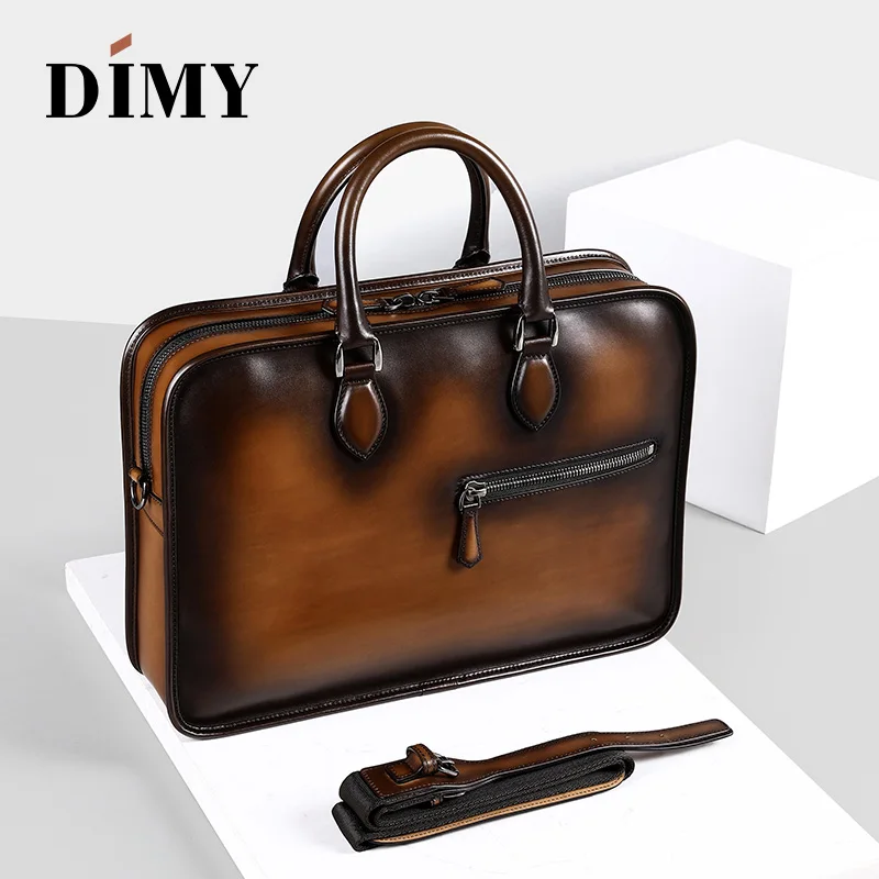 DIMY Vintage Handmade Italian Genuine Leather Briefcase Men Hand Patina Messenger Shoulder Bags Laptop Business Case Men's Bags