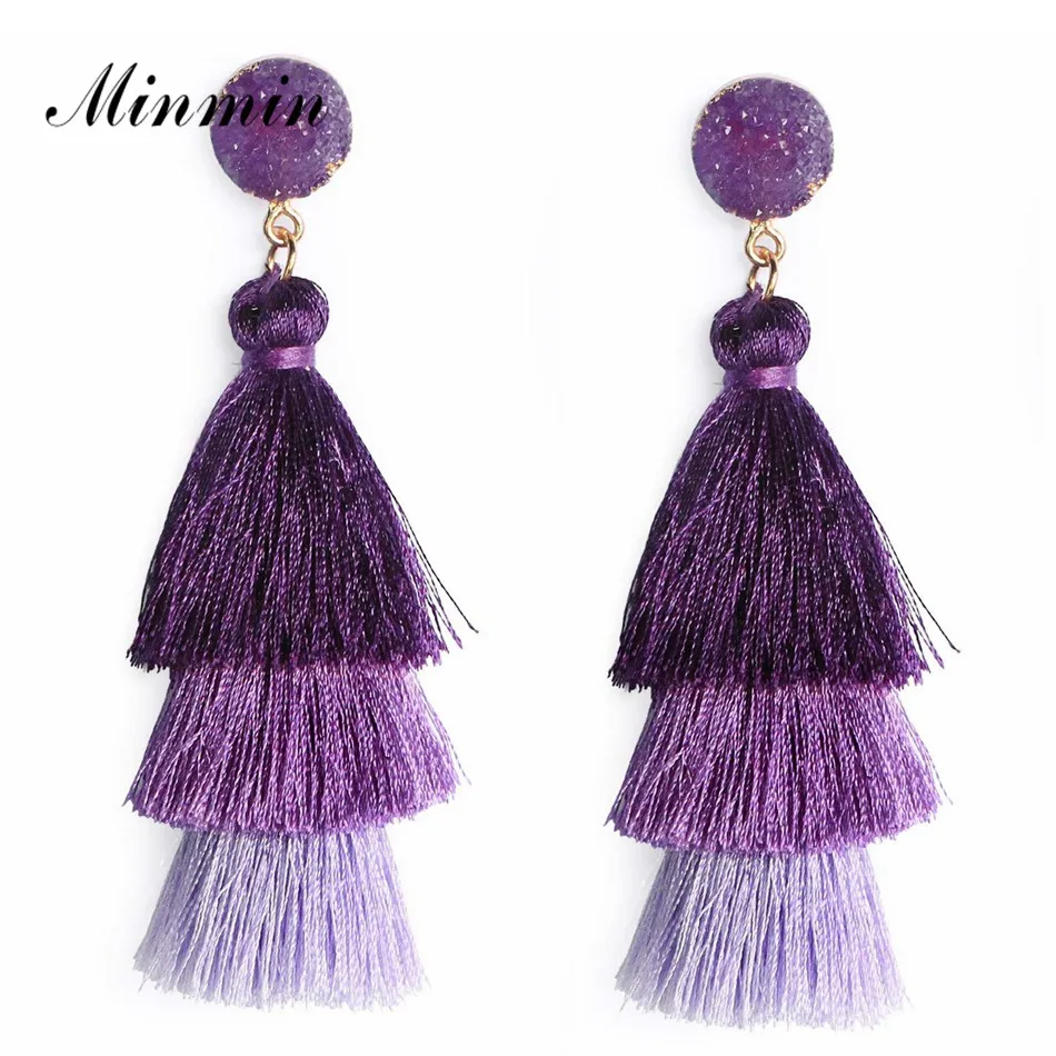 Gradient Purple Minmin Многослойные богемные серьги с бахромой для женщин, женские этнические серьги с бахромой, модные серьги с подвесками, ювелирные изделия MEH1204 - Окраска металла: Gradient Purple