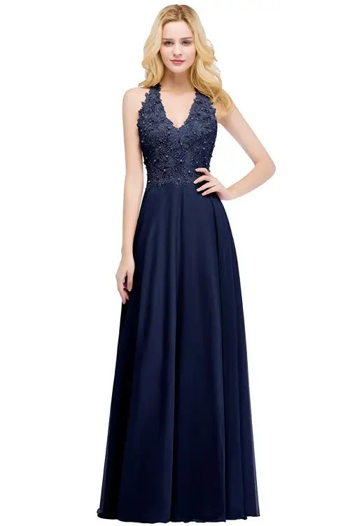 Robe demoiselle d'honneur Sexy V Neck Dusty Pink Lace Bridesmaid Dresses Long A Line Chiffon Pears Formal Prom Party Gowns - Цвет: navy
