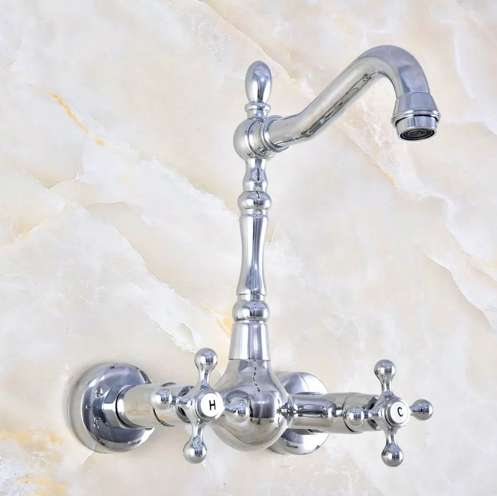 polished chrome brass wall mount bathroom basin kitchen sink faucet swivel spout mixer tap dual cross handles levers anf578 free global shipping
