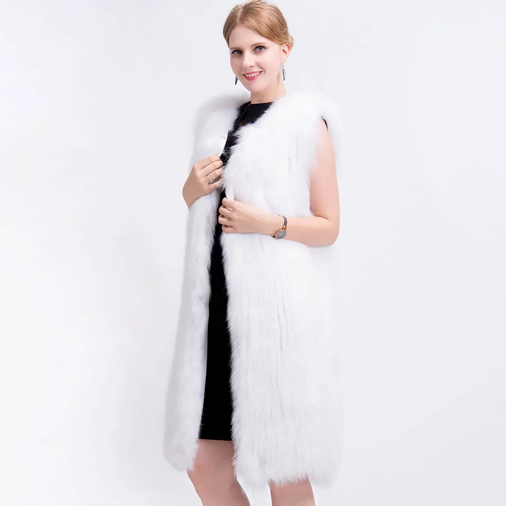 white color MS. MinShu, женский длинный стильный жилет из натурального Лисьего меха, ручная вязка, шуба из лисьего меха, слегка натуральный мех, жилет, куртка из лисьего меха - Цвет: white color
