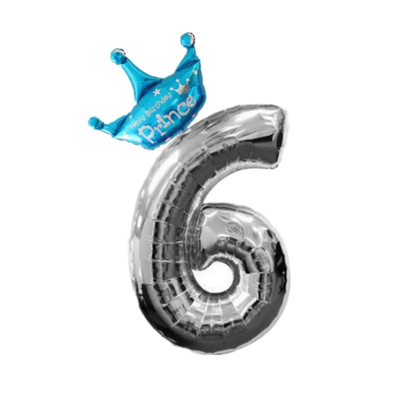6 With Blue Crown 32/40 дюймовые серебряные воздушные шары из фольги для детей 1, 2, 3, 4, 5, 6, 7, 8, 9 лет с короной, неоновые Стикеры для маленьких мальчиков и девочек - Цвет: 6 With Blue Crown