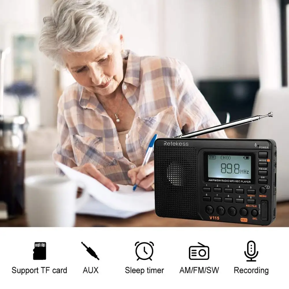 Retekess V115 радио FM/AM/SW мировой диапазон приемник MP3 плеер REC рекордер с таймером сна черный FM радио рекордер F9205A