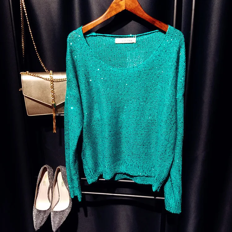Cakucool Sequined Knit Tops Women Long Sleeve Jumpers Beading Big O-neck Casual Loose Embellish Girls Sweaters Green 14colors | Женская