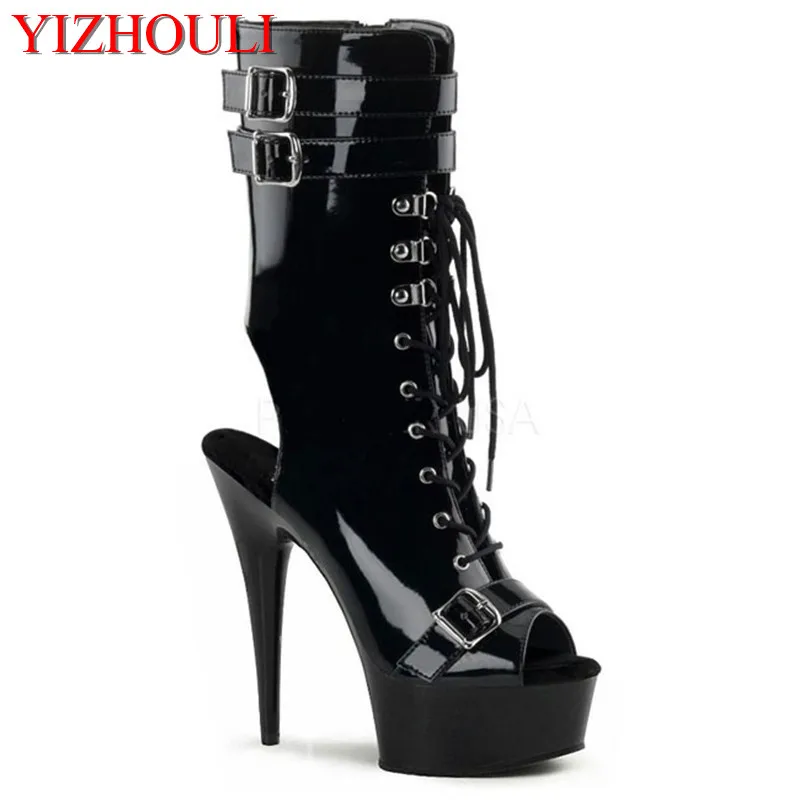 

Professional customize 15 cm platform high-heeled Stiletto stage shoes fashion strap boots 6 inch black strappy ankle boots