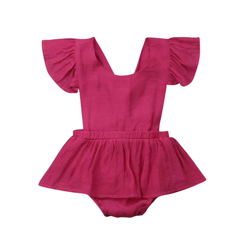hot pink Новинка года; брендовый комбинезон с оборками и короткими рукавами для маленьких девочек; Однотонный комбинезон с открытой спиной и поясом; хлопковый цельный комбинезон; L13 - Цвет: hot pink