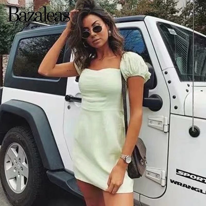 Bazaleas Австралия пышные рукава Мини платья Зеленый Vestidos сексуальное женское платье модное летнее платье тонкие вечерние платья Прямая