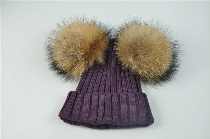 Purple natural fur Зимняя Шапка-бини с двумя помпонами из меха енота, женская зимняя Осенняя Вязаная Шапка-бини, женская меховая шапка с помпоном из 2 натурального меха - Цвет: Purple natural fur