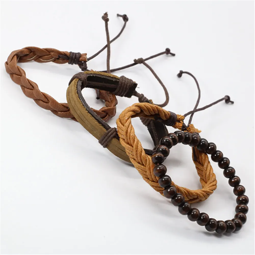 Тканый кожаный браслет цвета хаки 4 шт./компл. с деревянными бусинами в стиле