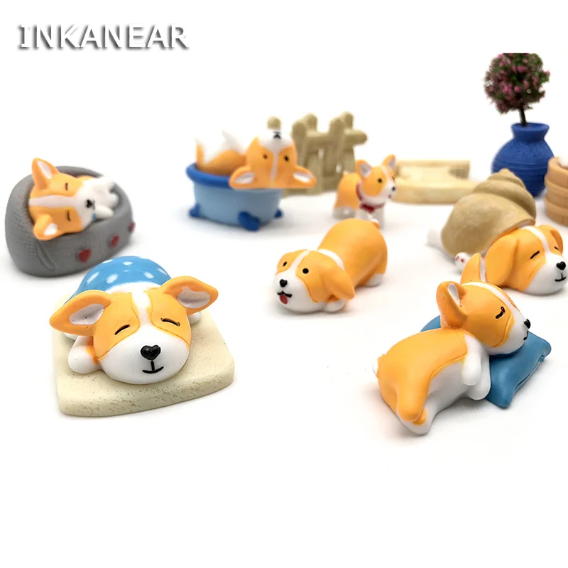 

12pcs Zakka Resin Mini Dog with Bed Animal Toys Micro Fairy Garden Miniature/Terrarium Furniture Puppy Ornaments Accessories