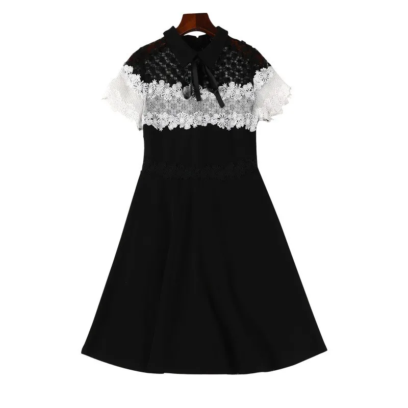 

Sweet Princess Style Women Lace Mesh Chiffon Dresses Short Sleeve High Waist Collar Lace Up Slim Fit Plus Size XL-5XL Dresses