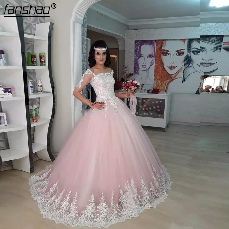 

light Pink Princess Quinceanera Dresses Square Neck half Sleeve Junior Pageant Dress White Lace Appliques Long Vestidos 15 anos