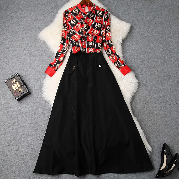 

2019 Spring Fashion Ol Skirt Suit 2 Piece Set Women Printed Loose Chiffon Crop Top Shirt + High-waist Long Skirt Two Piece Set