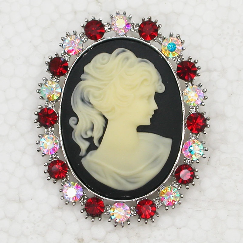 

Fashion Clear AB and Red Rhinestone brooch Pendant Portrait Cameo Pin brooches Wedding party prom jewelry C619 CF