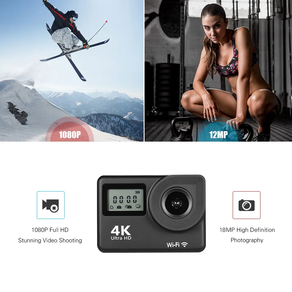 Дешево 4K 30FPS Ultra HD WiFi Спортивная Экшн-камера 18 МП 170 ° Широкий угол 2,0 дюйма ЖК-экран 30 м Водонепроницаемая с 2 шт. литий-ионных батарей