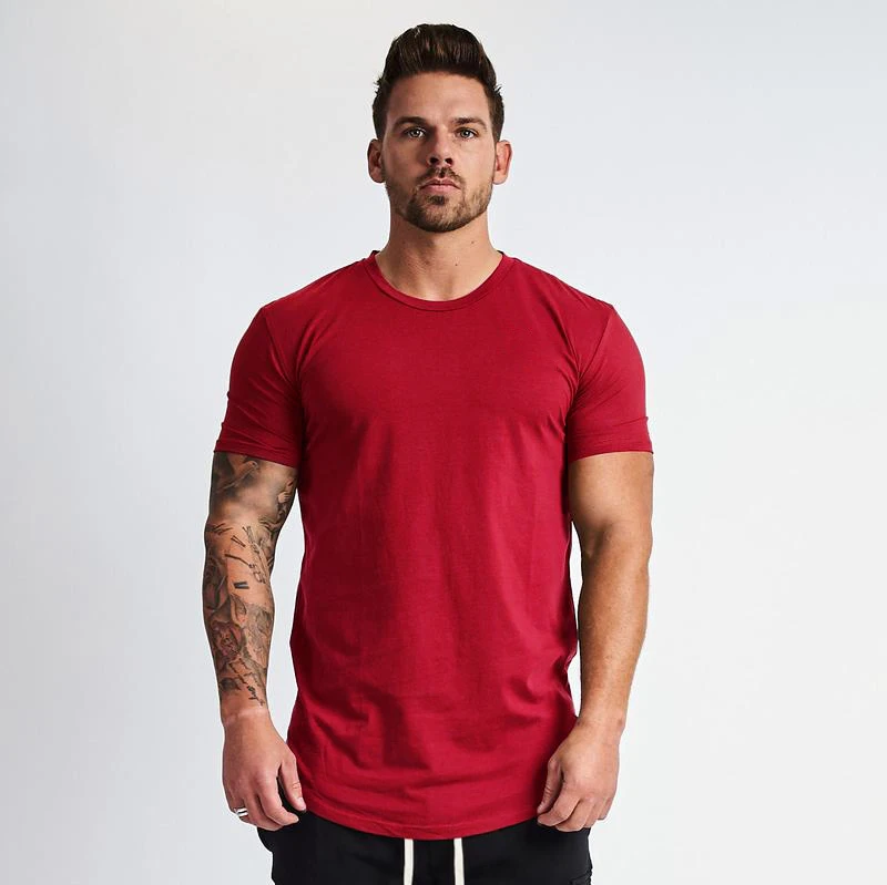 Muscleguys новая простая одежда для фитнеса, Мужская футболка с круглым вырезом, хлопковые футболки для бодибилдинга, облегающие топы для тренажерного зала, футболка Homme - Цвет: Красный