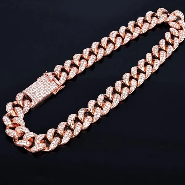 Rose gold 20 мм, тяжелое ожерелье с кристаллами, кубинское звено, мужские украшения в стиле хип-хоп, золотой серебряный сплав со стразами, цепочка, 1" 20" - Окраска металла: Rose gold