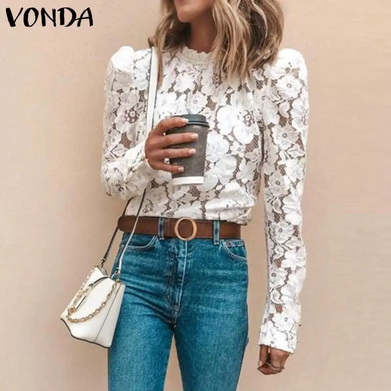 VONDA, белая кружевная блузка, женская рубашка, весна-осень, длинный рукав, Круглый ворот, открытая, повседневная, для девушек, кружевные топы, Blusas Feminina 5XL