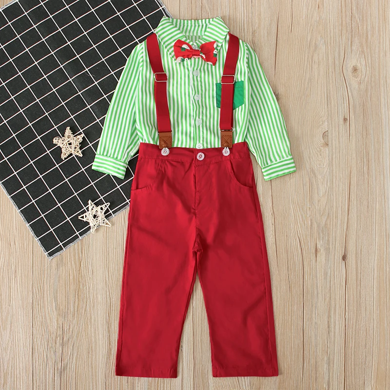Gentleman Kid Boys Formal Suits Summer Sets Bow Tie Long Sleeve T-shirt Suspender Trouser 2Pcs Christmas Outfits 1-5Years