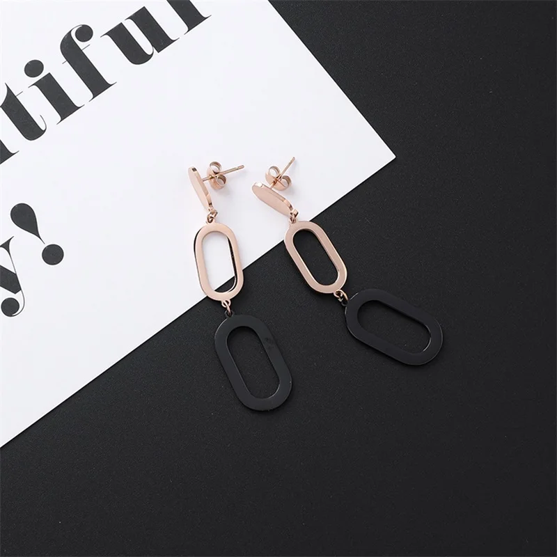 style-2 New Listing Geometric Titanium Steel long Tassel Girl Earrings gold Stainless Steel Triangle leaf Girl Black Jewelry Earrings 1 - Окраска металла: style-2