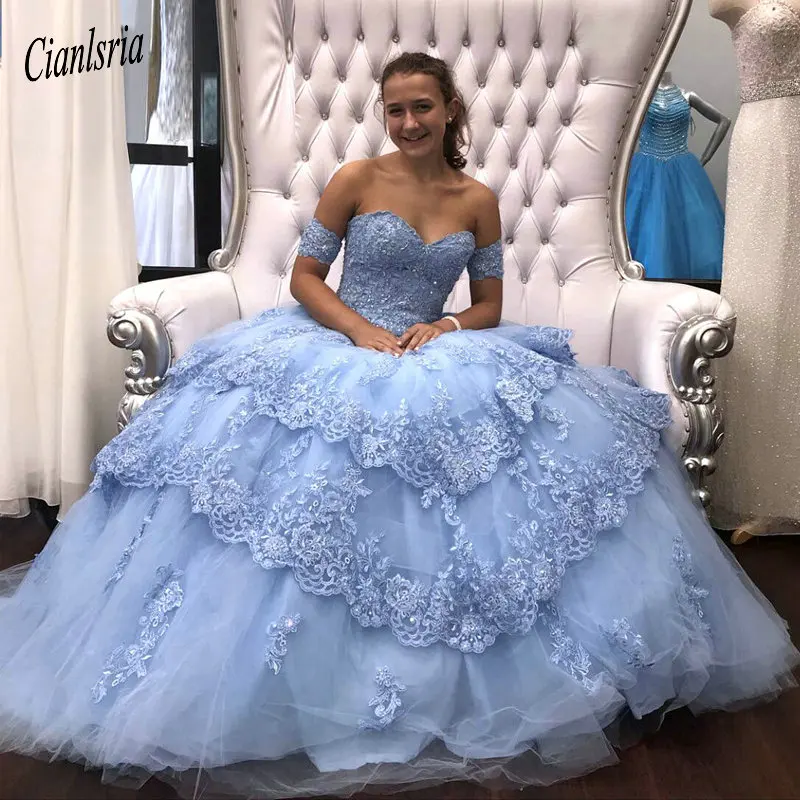 

Sky Blue Ball Gown Quinceanera Dresses Detachable Sleeves Sweet 16 Dresses Tiered Skirt Beading Lace Edged Vestidos de 15 Puffy