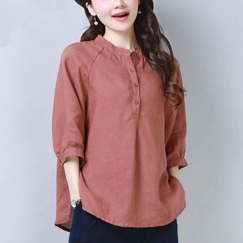 

Idopy Women's Chinese Style Linen Shirts 3/4 Sleeve Summer Breathable Baggy Stand Collar Loose Plus Size Blouse For Female