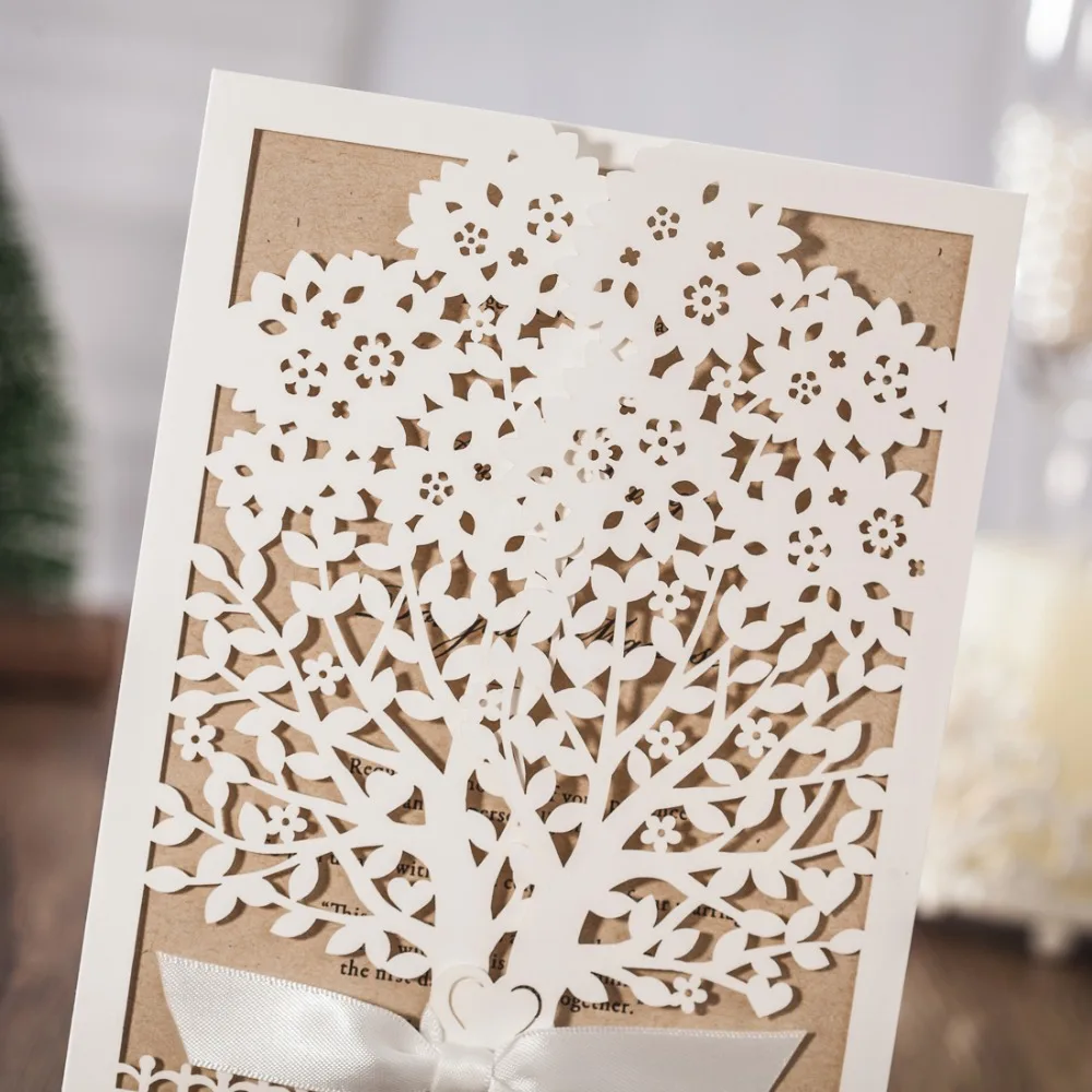 50 шт. Кот лазерная резка свадебные Приглашения карты с деревом и бантом Дизайн