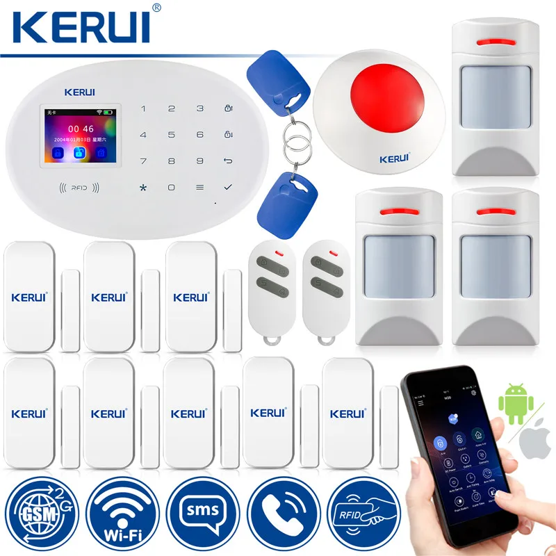 kit9 KERUI wifi W20 RFID карта умная домашняя система охранной сигнализации 2,4 дюймов TFT сенсорная клавиатура Экран приложение управление GSM беспроводная домашняя сигнализация - Цвет: kit9