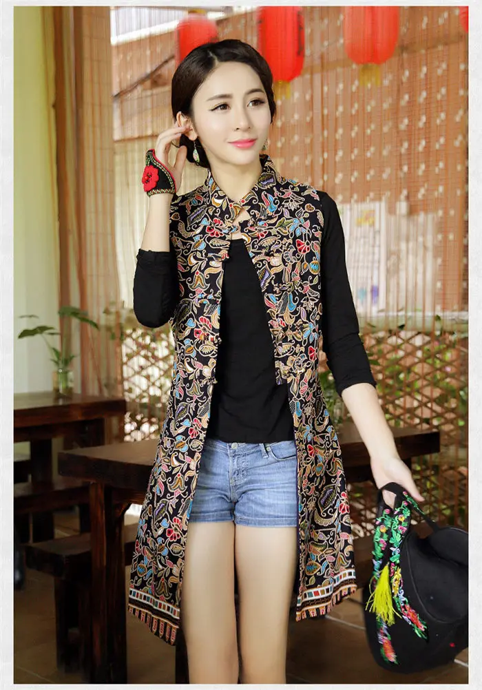 Woman Vest New Arrival Chinese Style Women Sleeveless Jacket Vintage Print Long Slim Ethnic Waistcoat Cotton Linen Tops f1073